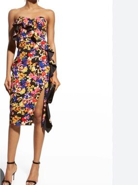 Aiden Strapless Black Floral Ruffle Midi Dress